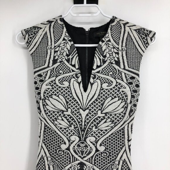 Ted Baker London Black and White Sancha Jacquard Fitted Pencil Midi Dress size 0 - Picture 9 of 16